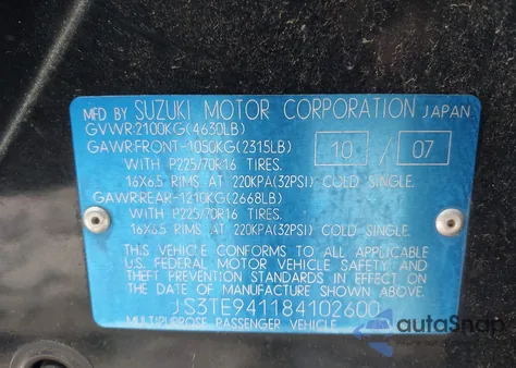 2008 Suzuki Grand Vitara Appearance/Appearance + z USA, uszkodzony, nr VIN JS3TE941184102600